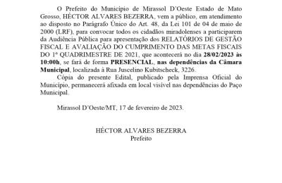 EDITAIS DE AUDI&Ecirc;NCIA P&Uacute;BLICA PARA APRESENTA&Ccedil;&Atilde;O DOS RELAT&Oacute;RIOS DE GEST&Atilde;O FISCAL DO TERCEIRO QUADRIMESTRE 2022