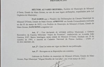 DECLARA  DE  UTILIDADE  PUBLICA  MUNICIPAL, O GREMIO RECREATIVO DA  FAM&Iacute;LIA  MILICIANA  "ANJOS   DA FRONTIRA",    E    DA    OUTRAS PROVID&Ecirc;NCIAS..