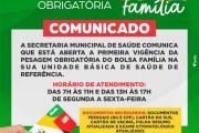 A Secretaria Municipal de Sa&uacute;de informa que est&aacute; aberta a vig&ecirc;ncia da Pesagem Obrigat&oacute;ria do Programa Bolsa Fam&iacute;lia.